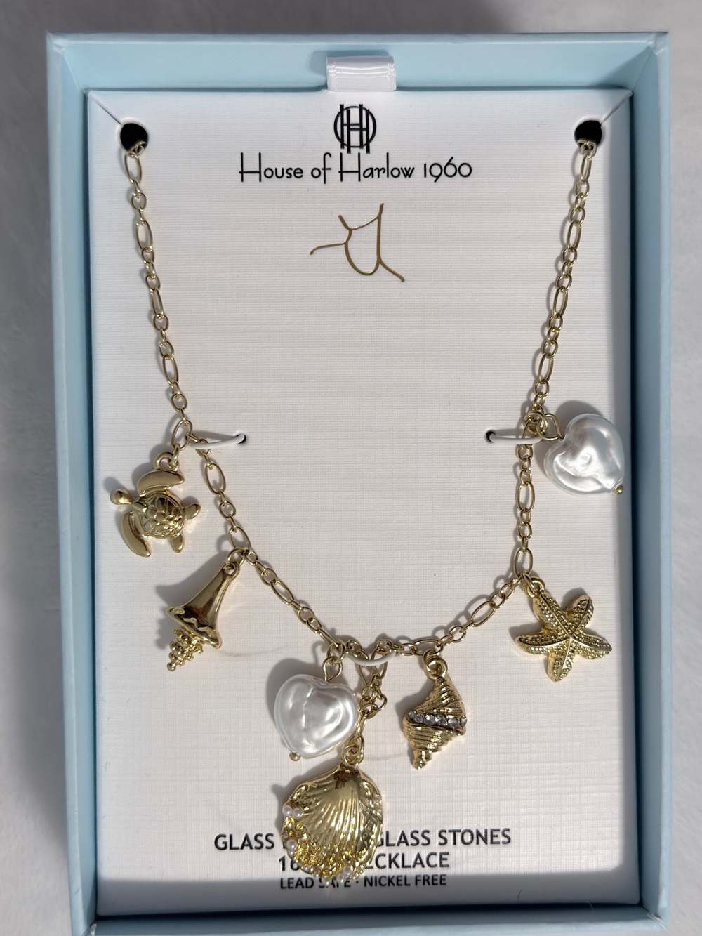 House of Harlow 1960 Gold Necklace with White Pearl Heart & Sea Charms